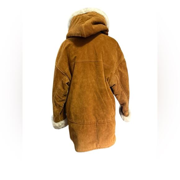 Y2K Brown Suede Fur Trim Lined Oversized Hooded Coat Womens Size XS Boho 70s - Picture 4 of 10